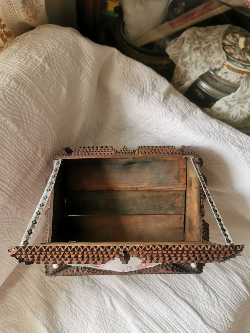 アンティーク トランプアート 木工レース細工ボックス 針箱 フレンチ