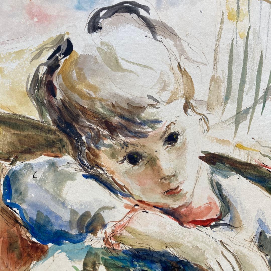 K.L.Crone￼「小鳥と少年」仮題　水彩画額￼約70×63絵￼62×46cm