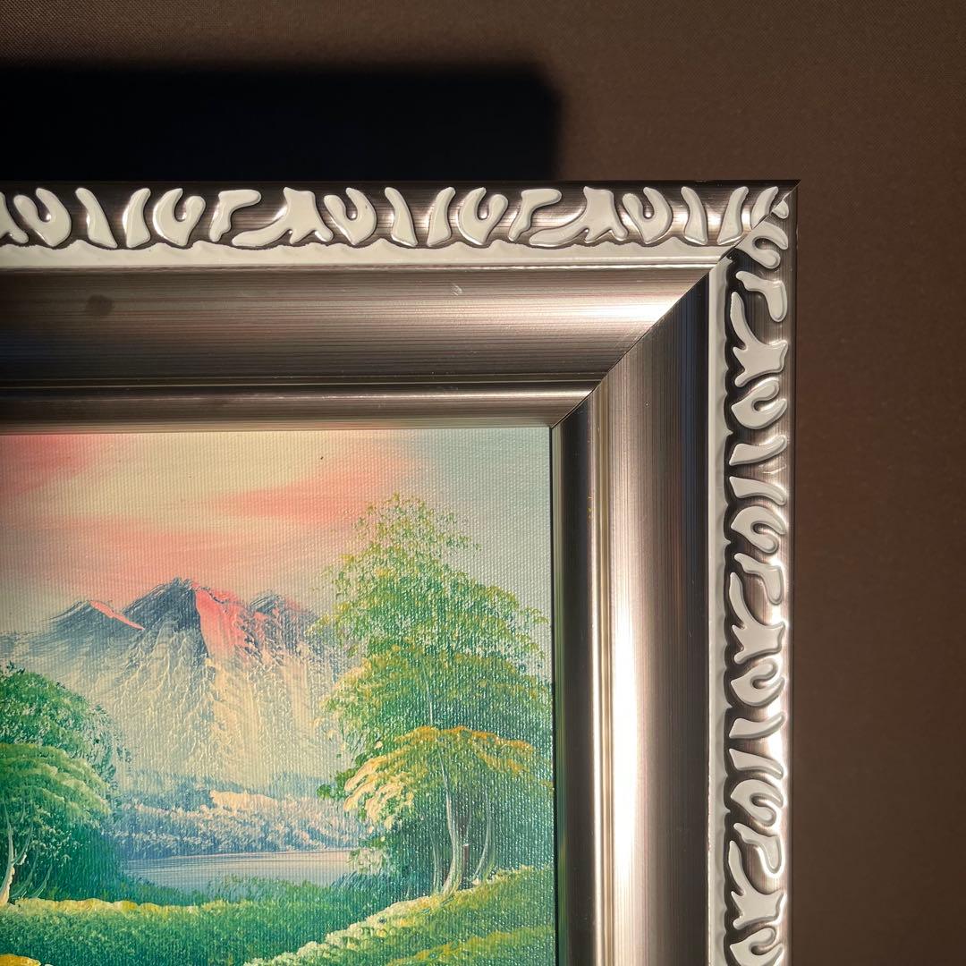 手書き油絵 3枚組 朝日と山河 額付 額付き 絵画 インテリア 油彩画