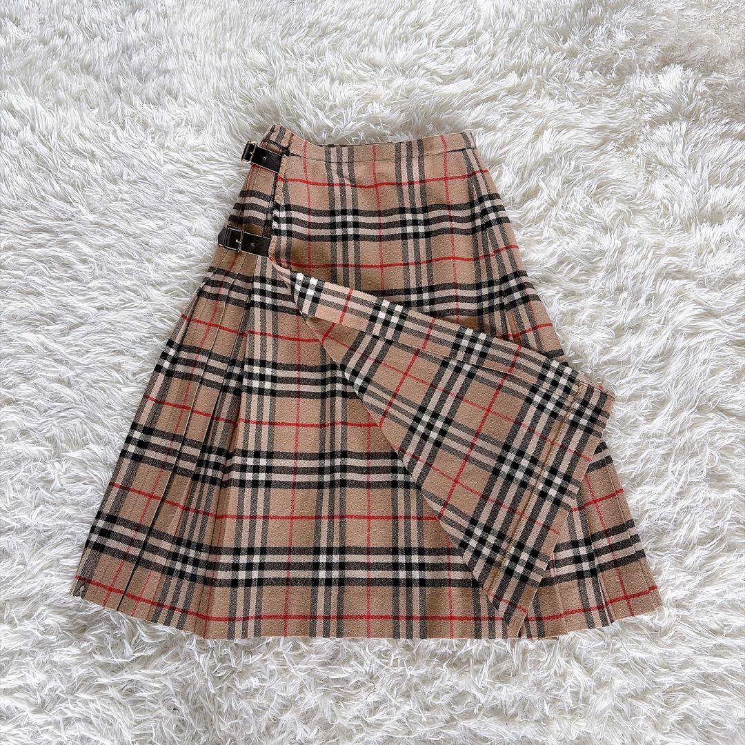 美品✨【バーバリーズ】ウール100%巻きプリーツスカート ノバチェック ベージュ