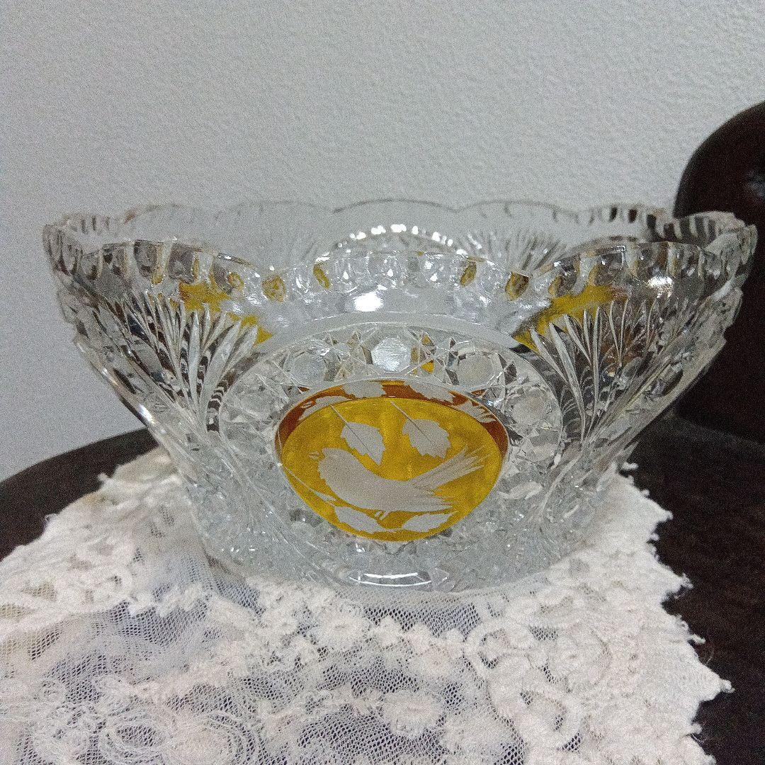 ホフバウワー イエローバードクリスタルガラス ボウル 小鳥