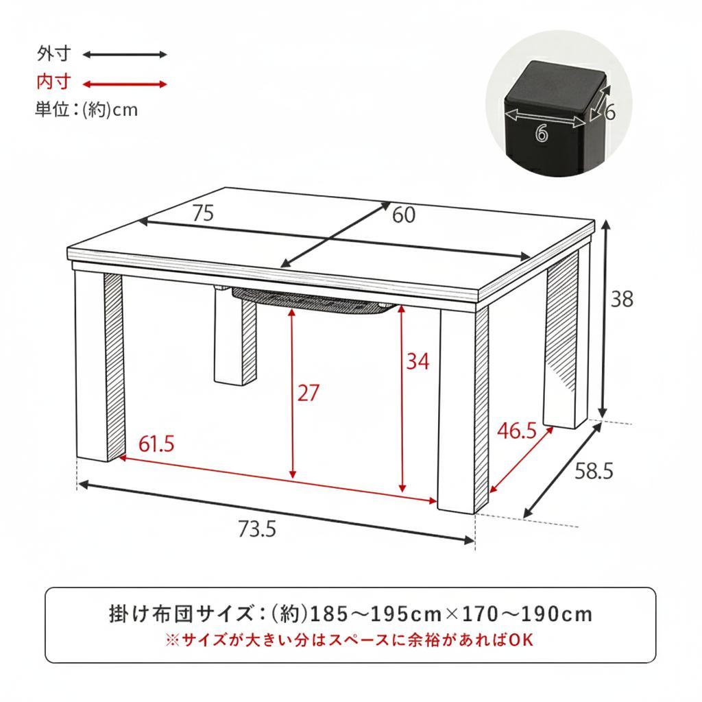 幅75㎝【新品】コンパクト＆オールシーズン対応！ 長方形こたつ 遠