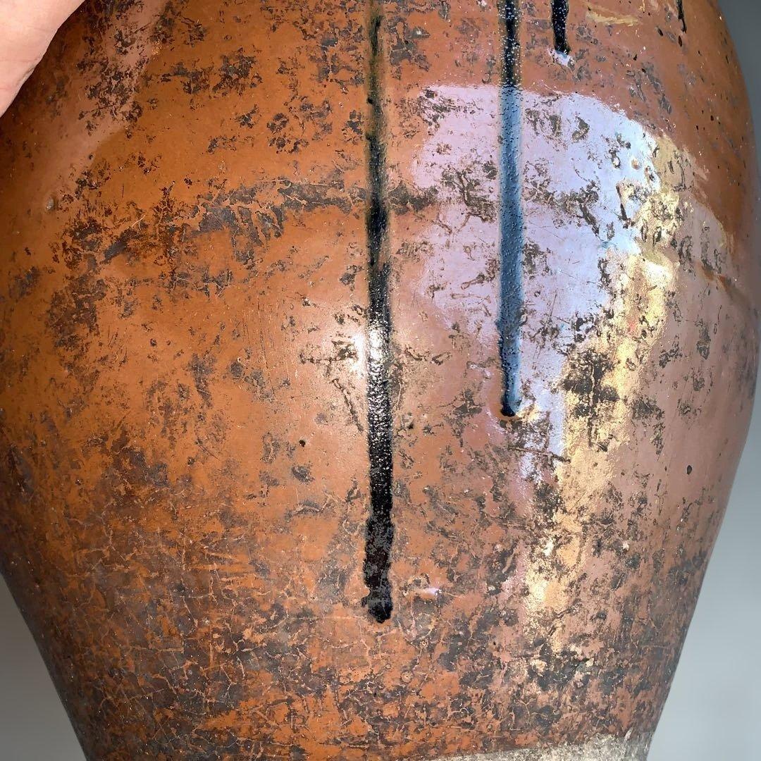 茶色の陶器製，百年灰釉双耳壺 特大32.6㎝ 日本古陶