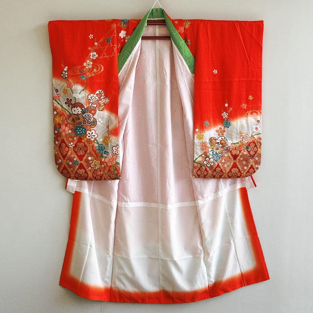 セット七五三7歳女の子長着＆簡単半衿＆結帯＆草履＆バッグ＆小物朱色帯黄系ゴールド