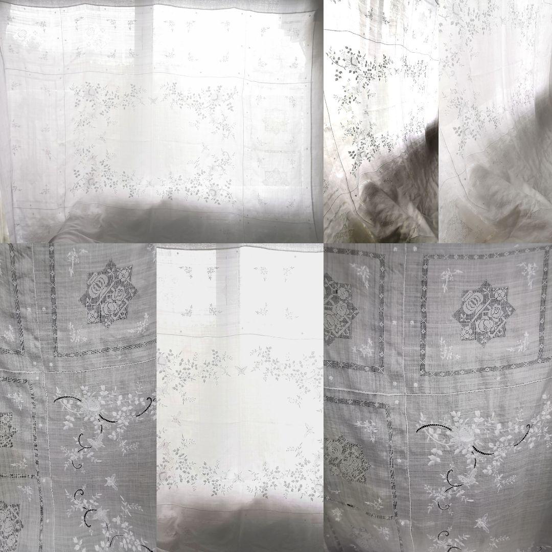 アンティーク ニードルワーク 舞う蝶と花の手刺繍＆フィレレース大判