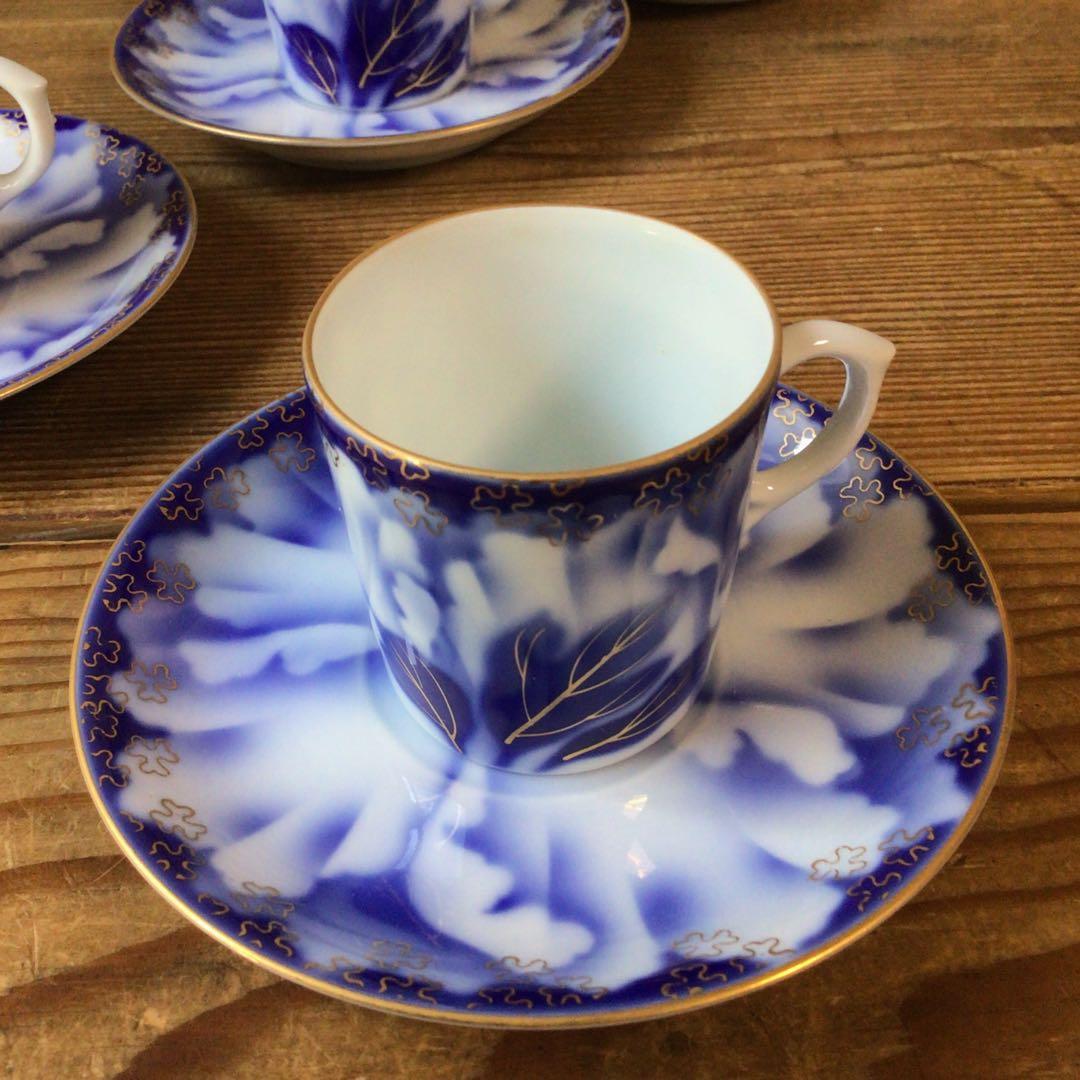 No4397 深川製 珈琲碗皿揃 牡丹金ミル 6客 共箱 有田焼 送料無料