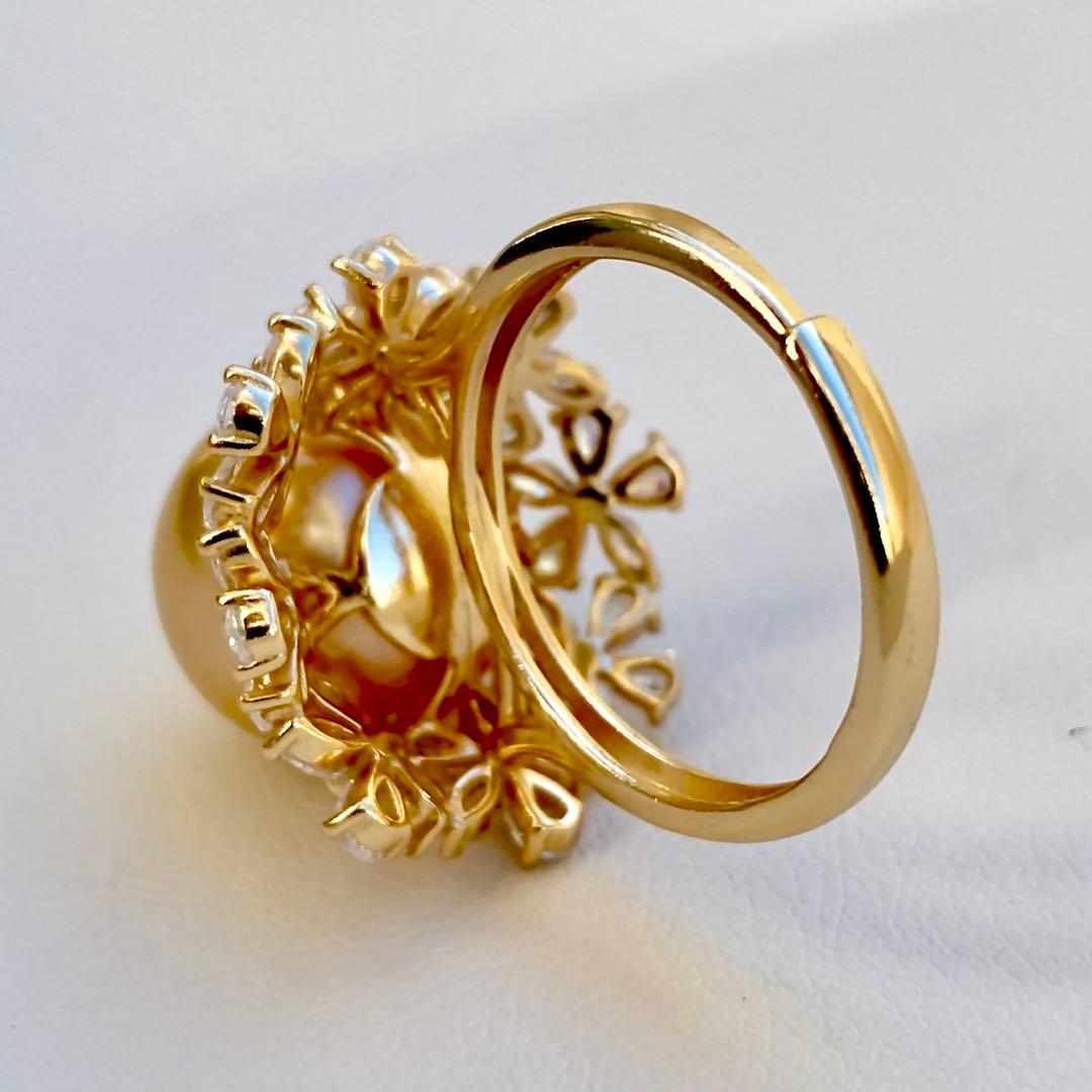 本真珠南洋白蝶真珠　茶金12.9㍉花モチーフs925リングY1018