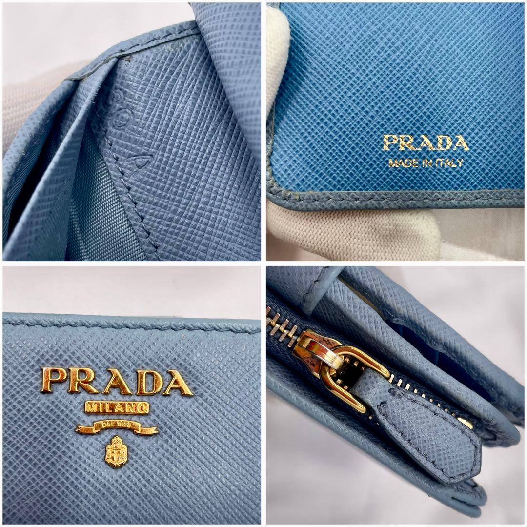 美品✨プラダ 2つ折り財布 金ロゴ バイカラー サフィアーノレザー ブルー