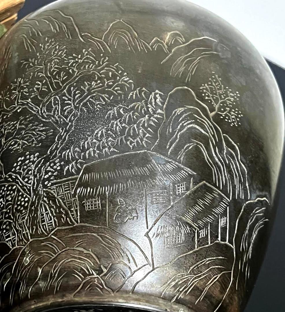 御錫屋天下一美作守款 一刀老人彫 古錫 茶壷18.