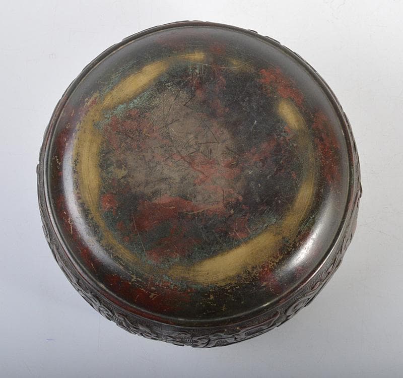 中国　古銅宣徳銅　斑紫銅饕餮文　建水　茶こぼし　時代箱　D　R4620