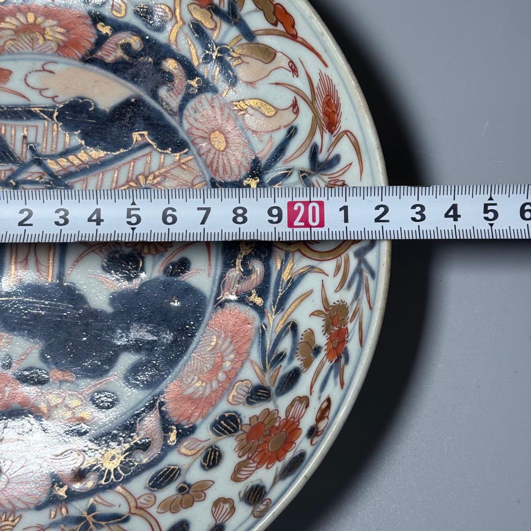 元禄伊万里 色絵花鳥図七寸皿 建築物 金蘭手 赤絵 裏椿文