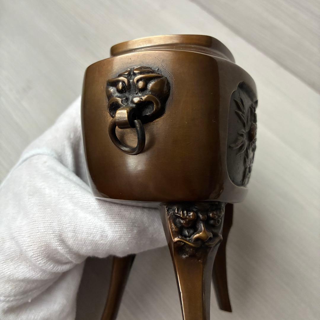 香炉　青銅製　獅子　孔雀　三足　高岡銅器　瑞峰作　茶道具　香道具　お香付き