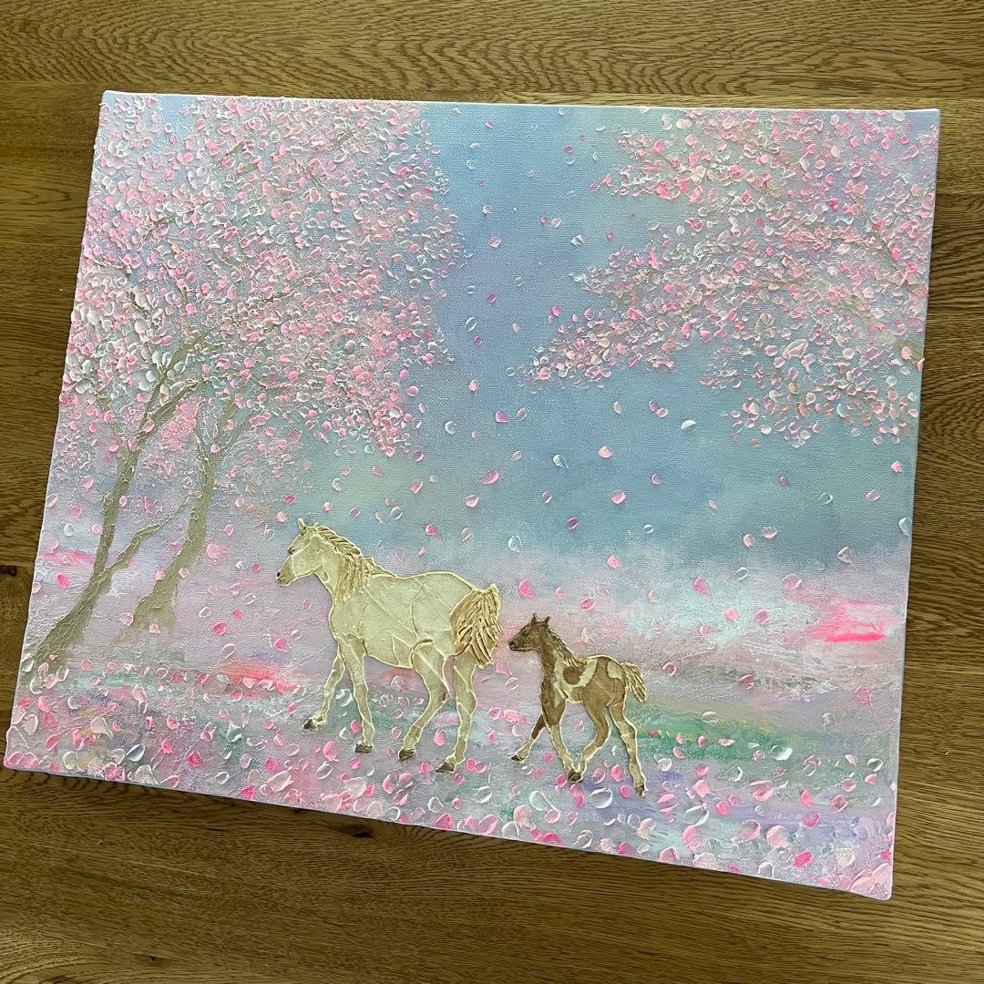 馬　馬の絵 桜 花の絵 テクスチャーアート さくら