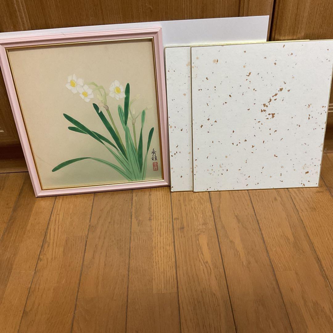 秀 桂 筆 色紙画 肉筆画 【 水仙図 】 額装 作品共良好 色紙二枚追加