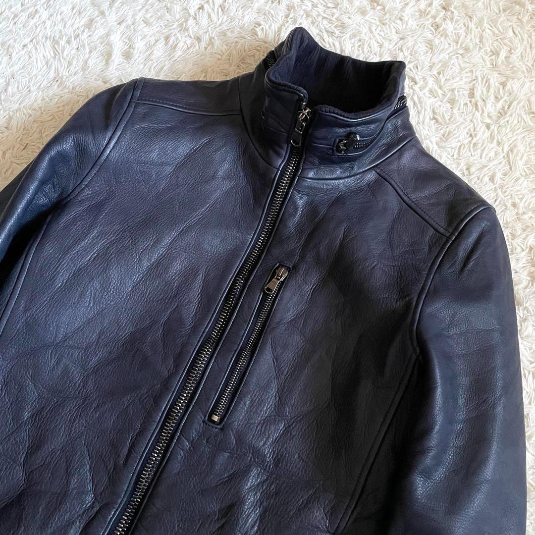 美品】ジュンハシモト インナーライダースジャケット 牛革 シワ加工 紺