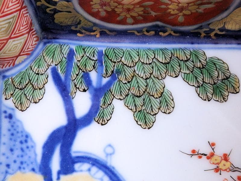 大聖寺伊万里 金襴手 桃に柘榴 大樹に欄干の図 四方角向付 E101AS-CQi