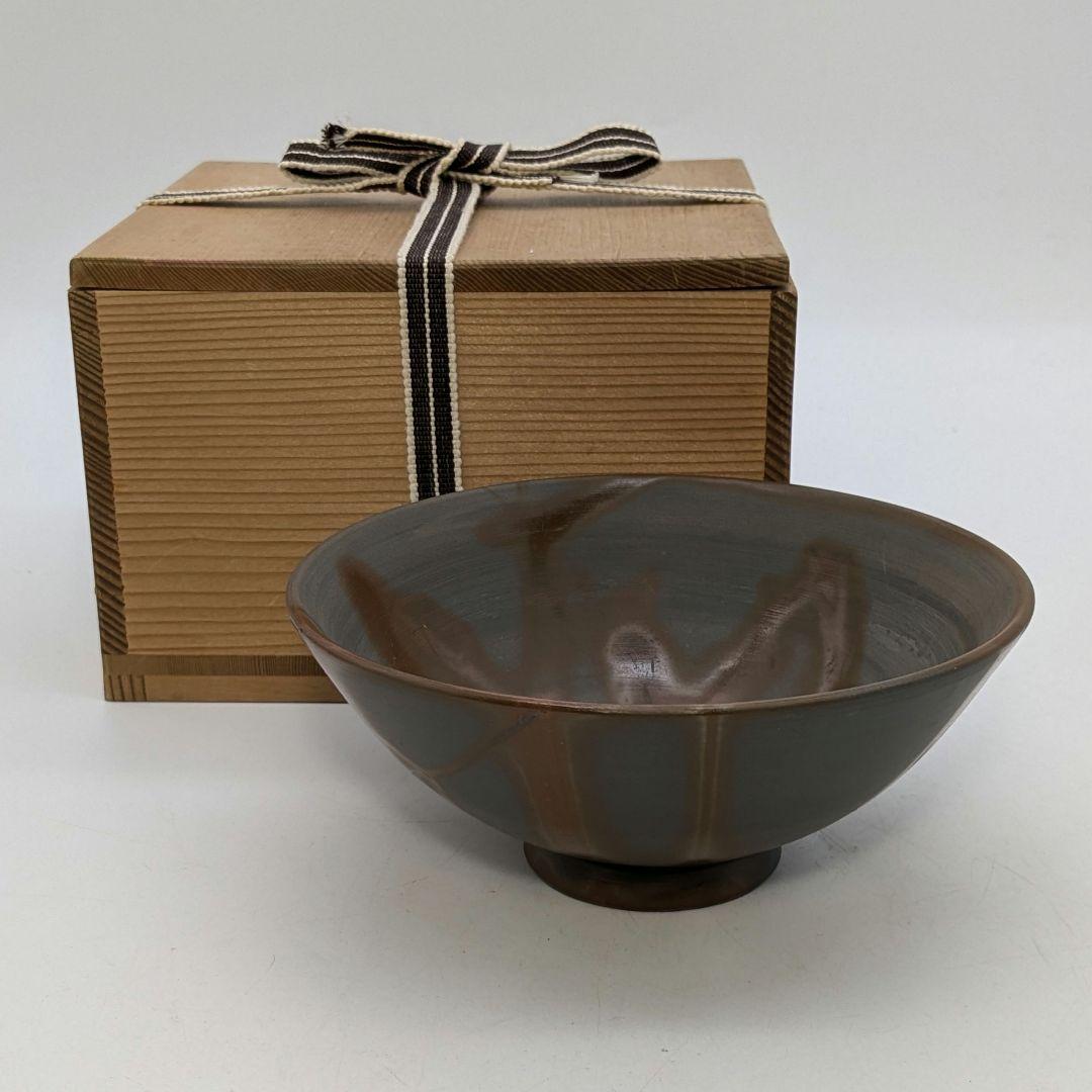 伝統工芸士柴岡秀泉 青備前緋襷茶盌 合箱 備前焼 抹茶碗 抹茶茶碗