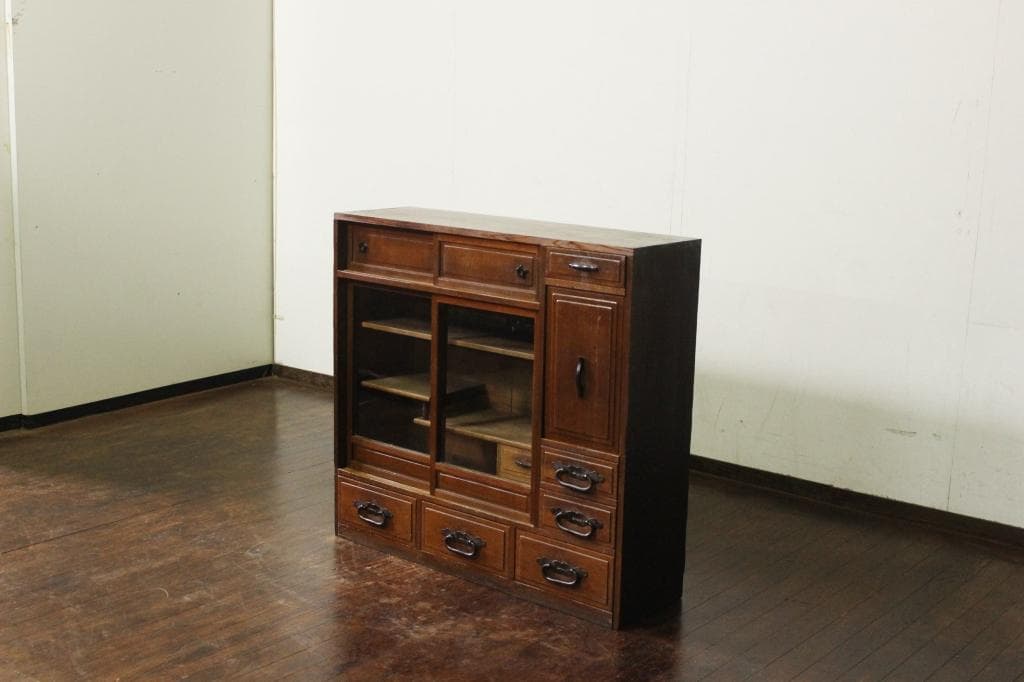 古い木製茶箪笥 収納棚/和家具/飾棚/食器棚時代箪笥/茶道具/ガラス戸棚/