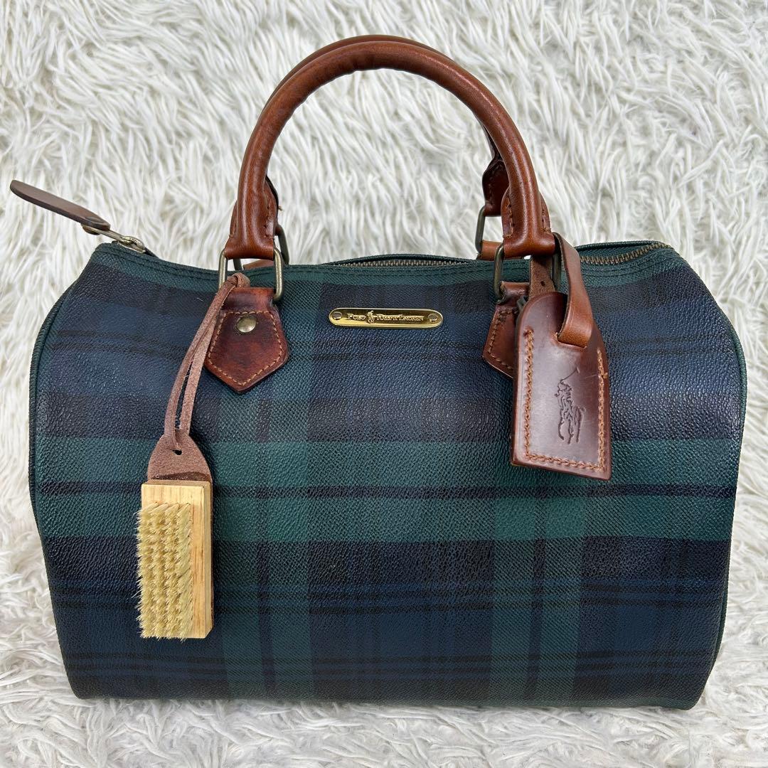 美品】 ポロラルフローレン ボストンバッグ PVC チェック柄 緑 旅行 美