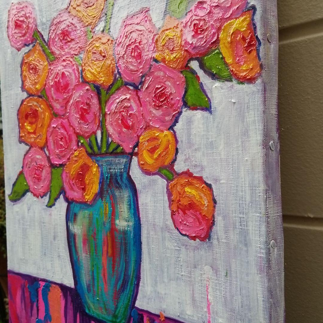 油絵 よっこ様専用確認 ピンクとオレンジ色の花を差した花瓶
