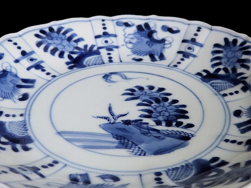 平戸 伊万里 染付 芙蓉手 隠れ蓑に花の図 6寸皿 2枚 E179AS-CSh