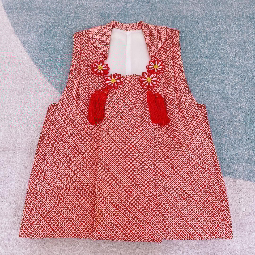 七五三 3歳 正絹 総絞り 被布 着物 バッグ 草履 髪飾り セット