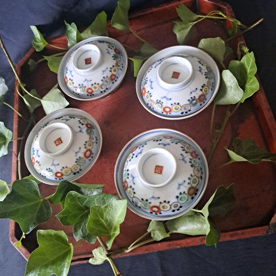 昭和のかわいい蓋茶碗！」有田焼き 色絵花文蓋茶碗 4客セット 骨董