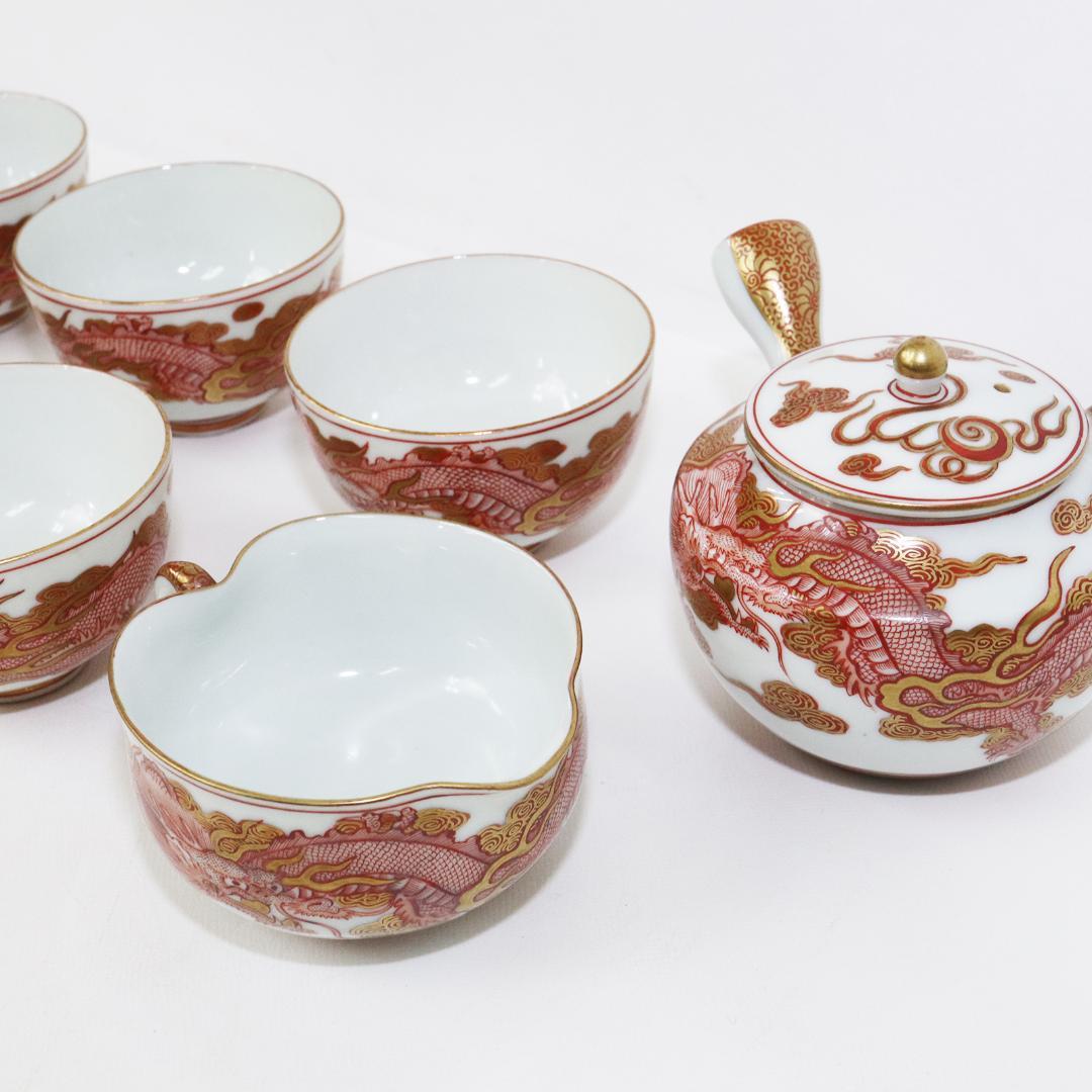 加賀 九谷 鏑木製 煎茶 茶器揃 共箱 赤絵 金彩