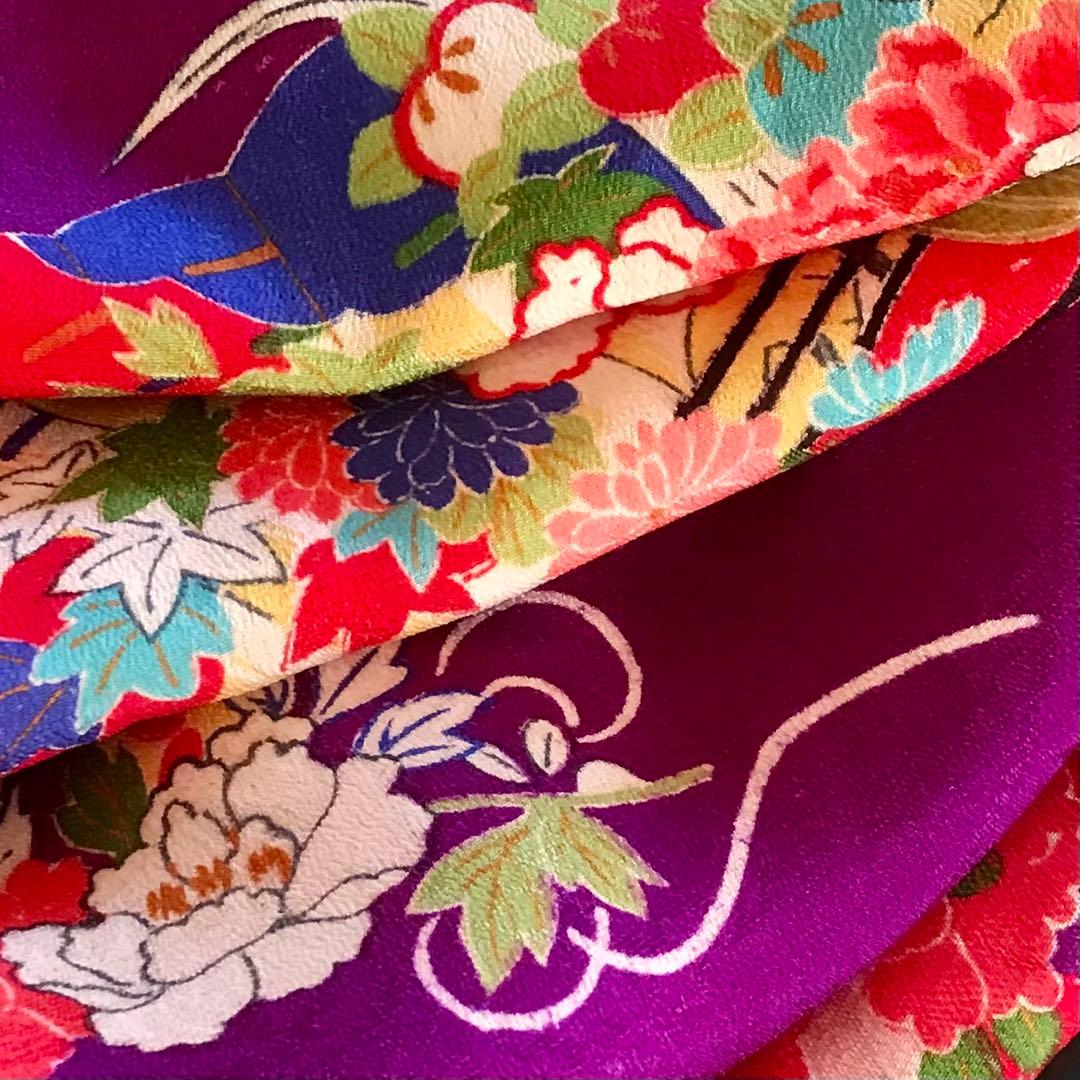 正絹 アンティーク着物 女の子 七五三 ◇花車 扇 雲取り 古典柄