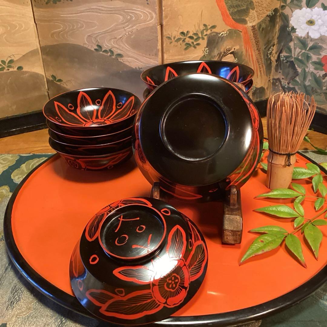 A1055 木製輪島塗　吉野椀　芙蓉紋様　吸い物椀　5客