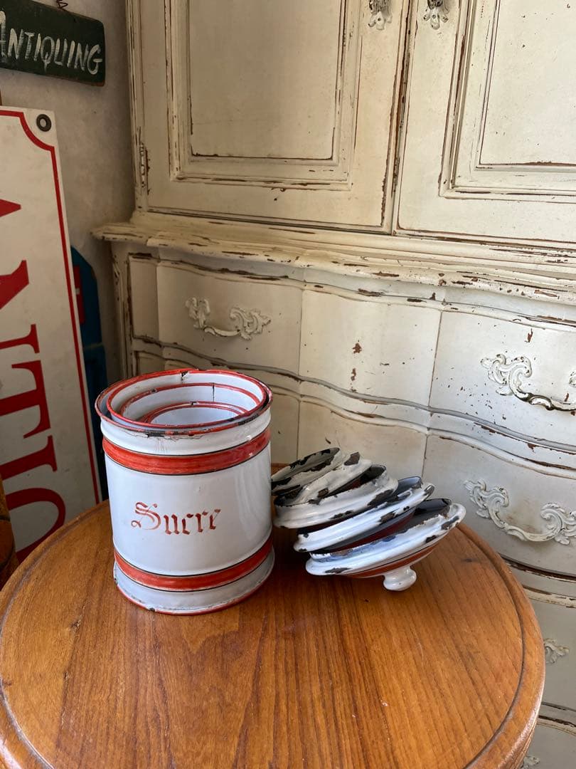 フランス アンティーク ホーロー キャニスター 5個 ホワイト レッド ライン