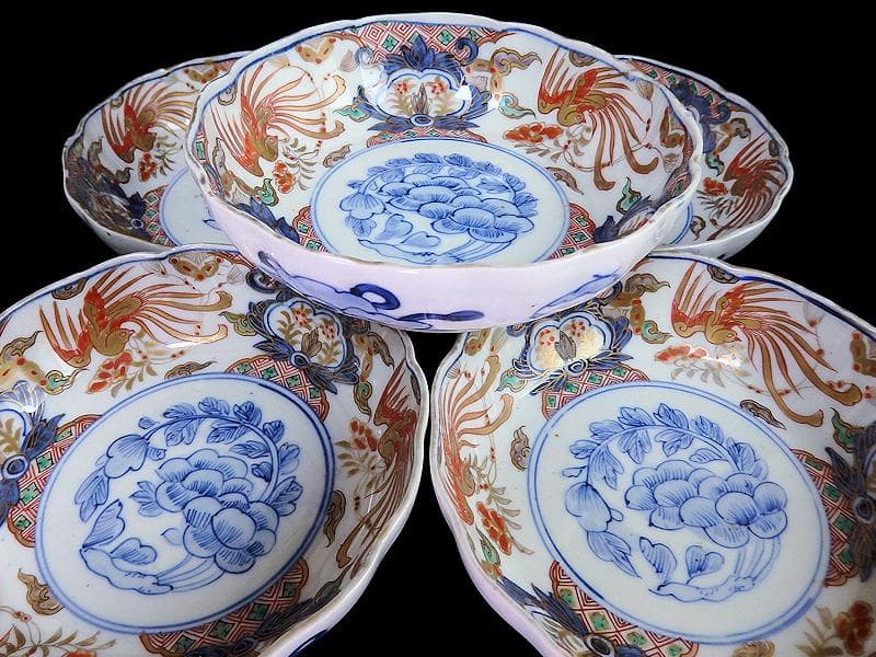 古伊万里 色絵 鳳凰に牡丹の図 膾皿 5客 C380AS-CZf - メルカリ