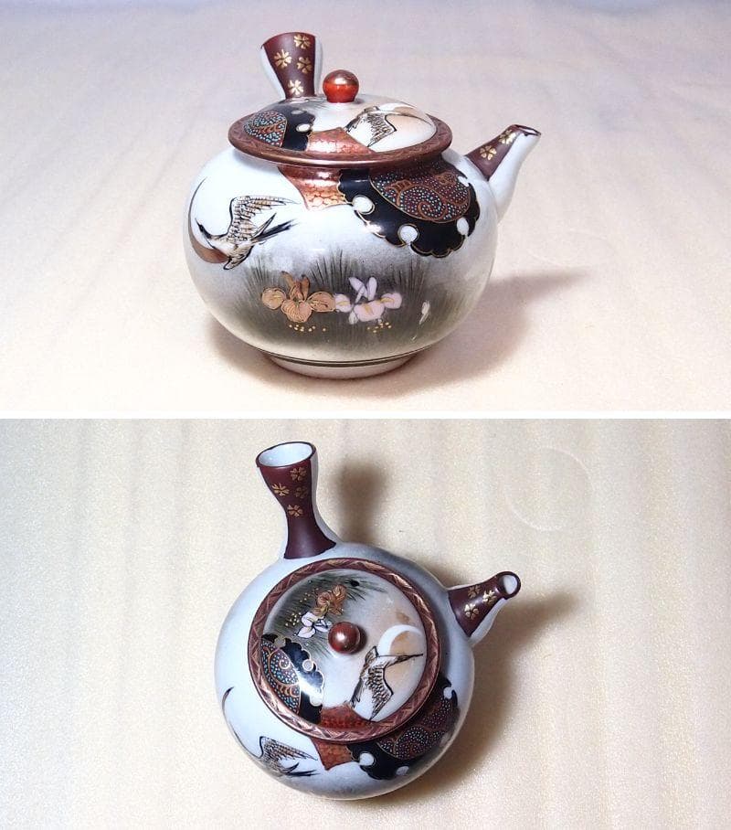 骨董・時代の美品】九谷焼 茶器揃 5客 湯呑茶碗/湯冷まし/急須 鶴/花/