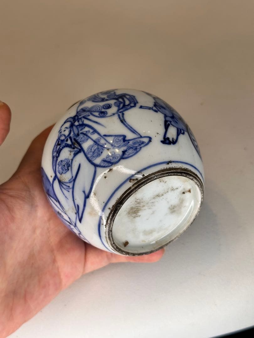 中国清代 人物染付茶葉缶 錫蓋 二重蓋 手描き 古美術 中国古