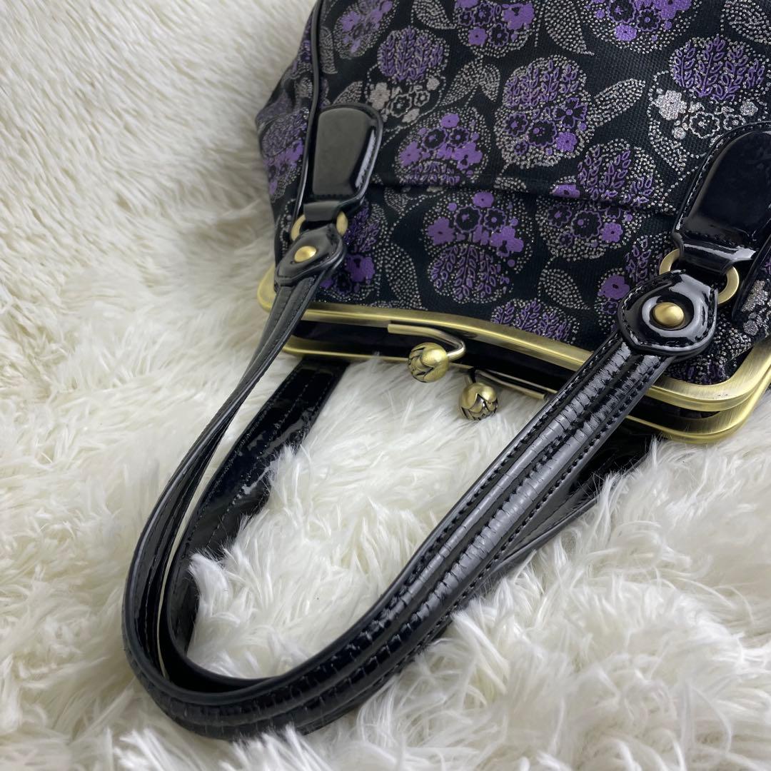 美品 ANNA SUI アナスイ ハンドバッグ がま口 花柄 紫 黒 保存袋付