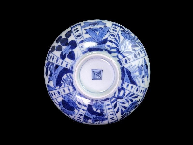 古伊万里 染付 芙蓉手 花鳥紋の図 大振蓋茶碗 F319AS-CXz