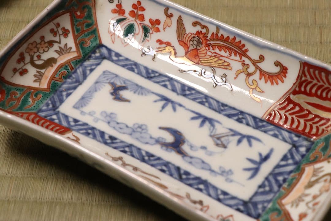 CM51】古伊万里 色絵 長方刺身皿 角皿 五客 桐鳳凰 松竹梅 扇面