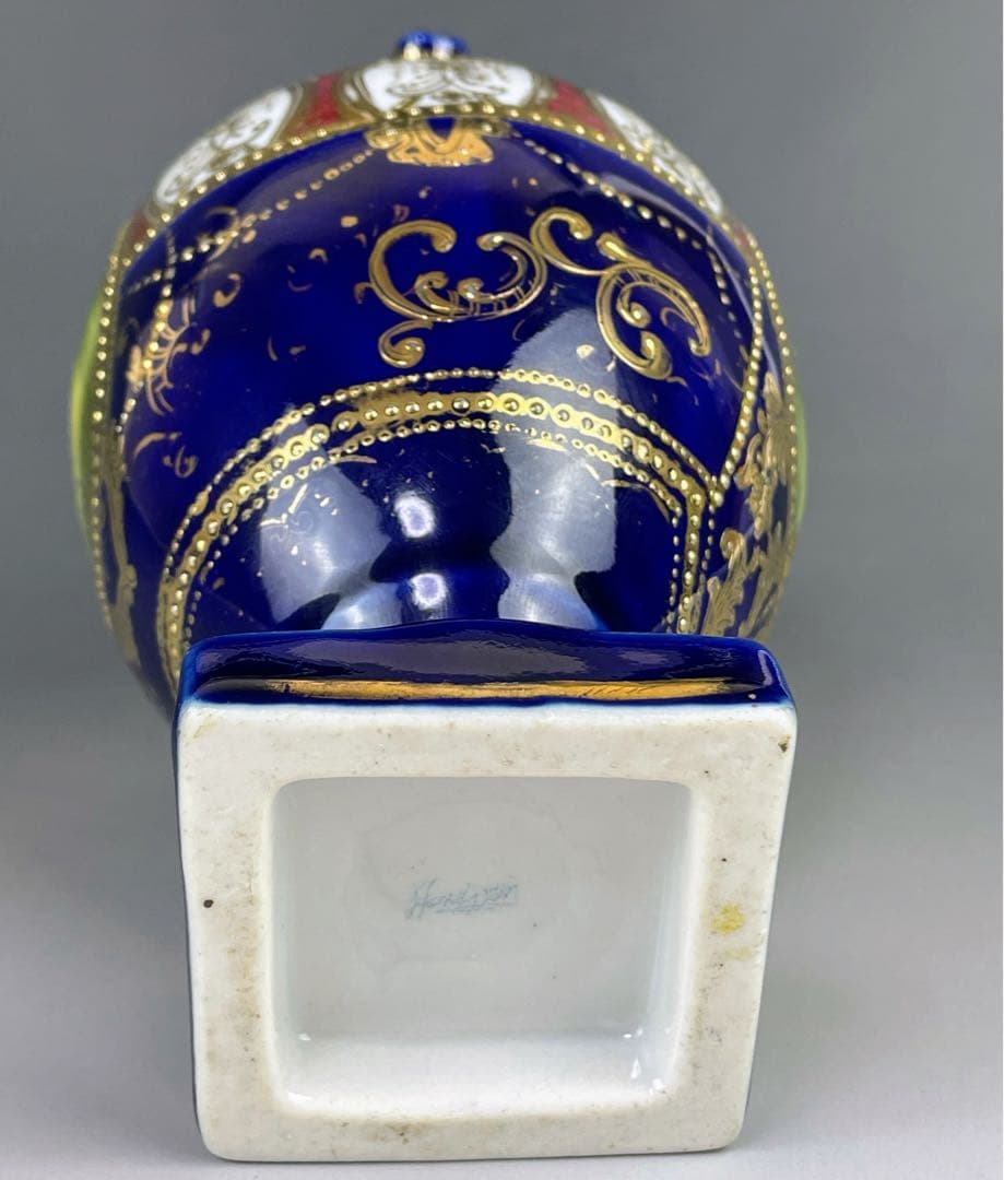 【希少】オールドニッポン ２５㎝ 瑠璃色風景紋スワン花瓶 ピッチャー 金盛り