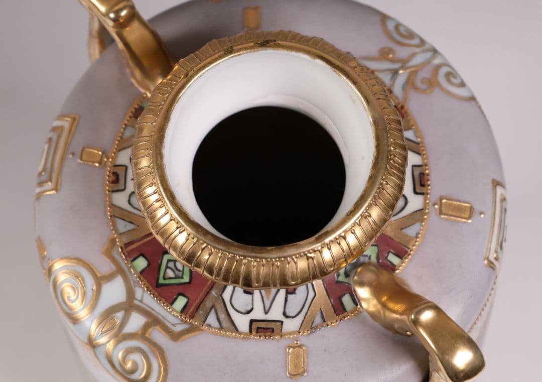 CM318】オールドノリタケ パネル風景 耳付 花瓶 金彩 金盛 明治