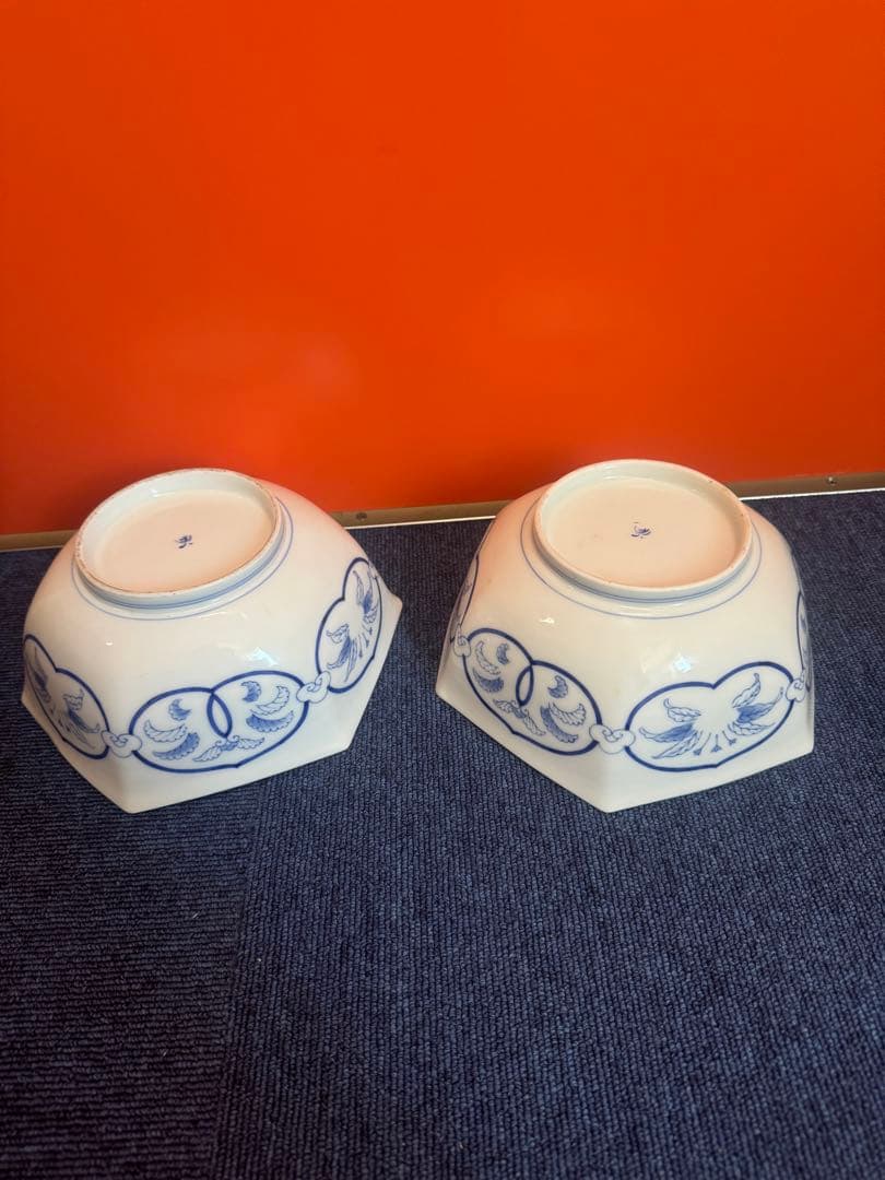 1885 香蘭社 染付鳳凰文 六角深鉢 2客 時代物