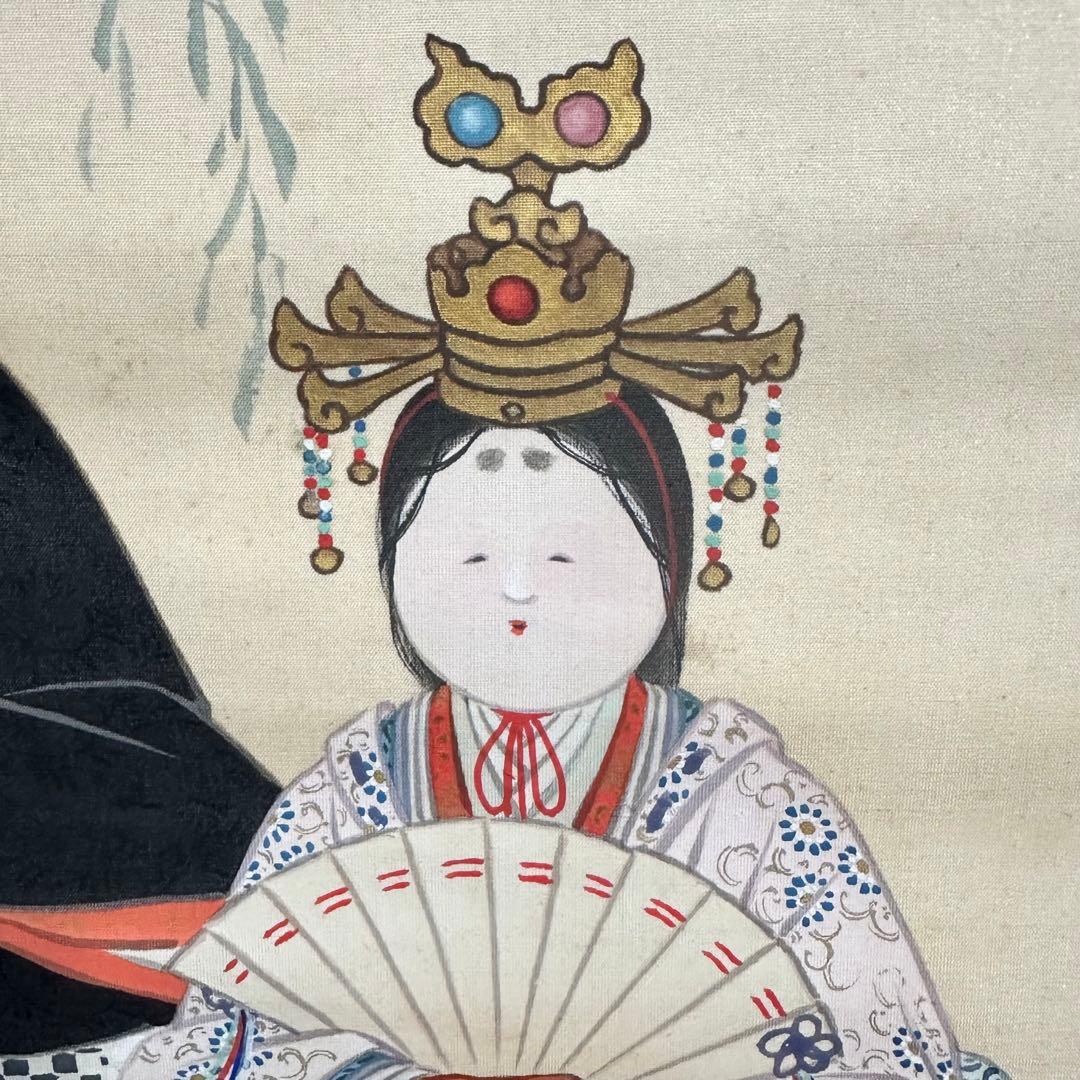 2076様感謝‼️春へ‼️座り雛「雛図」掛軸画絹本肉筆落款　栄輝筆　署名落款合わせ箱