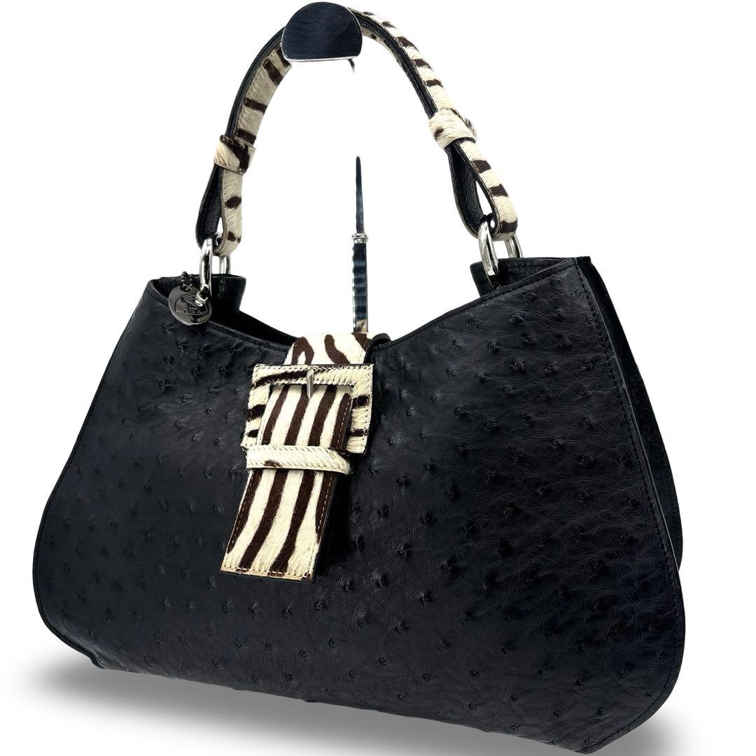 【極美品】JRA認定　ハラコ　オーストリッチ　ハンドバッグ　レザー　革　黒