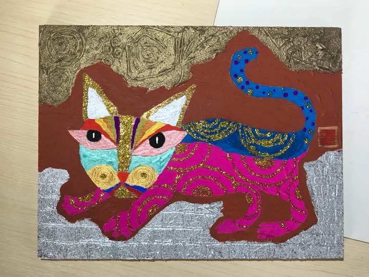 猫の絵（原画）カラフル金猫