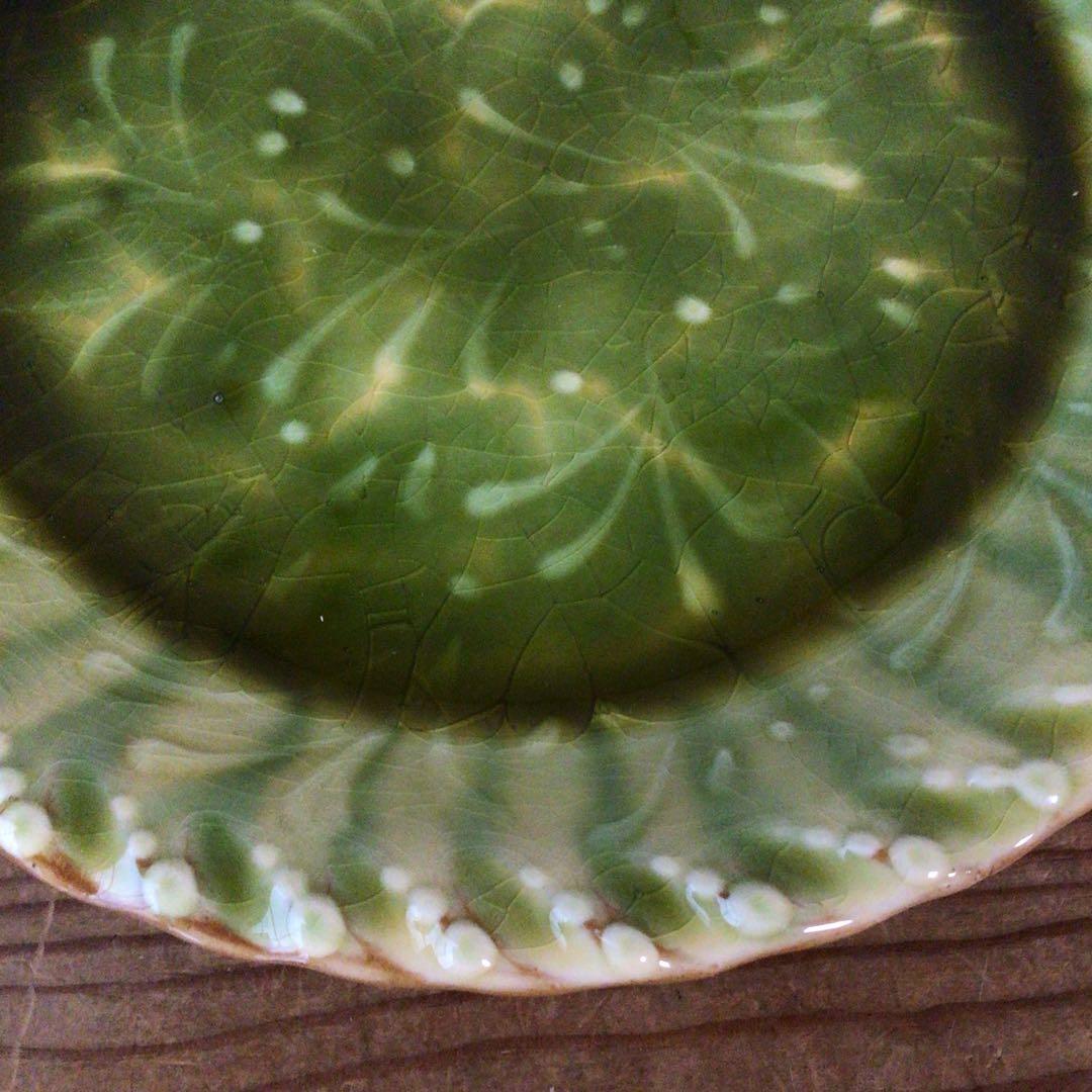 No4975 布志名焼 船木伸児 緑釉丸皿 共箱/栞付 島根県 民