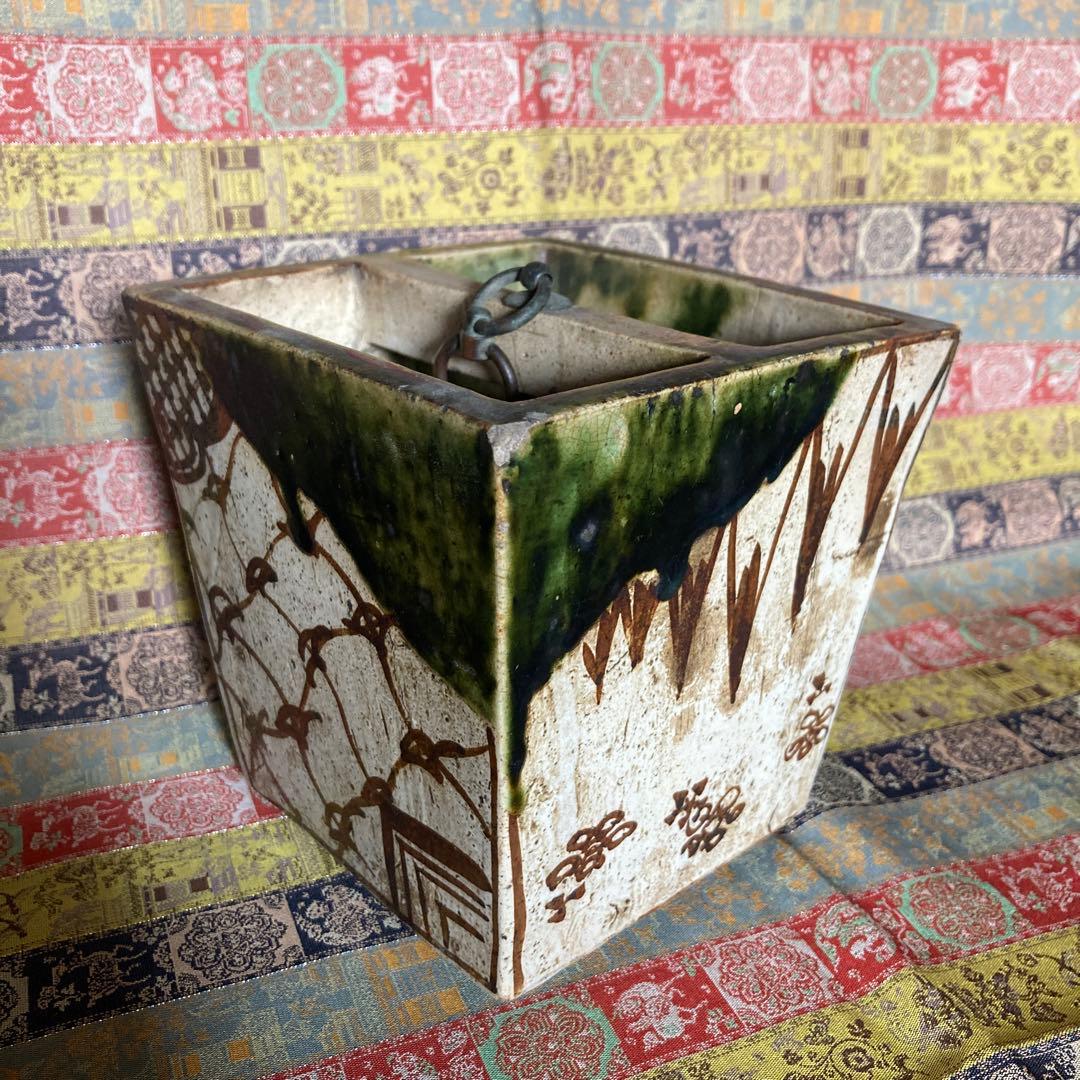 江戸時代 織部 花瓶 井戸桶に似せた花器 12.7×12.6×10cm 箱