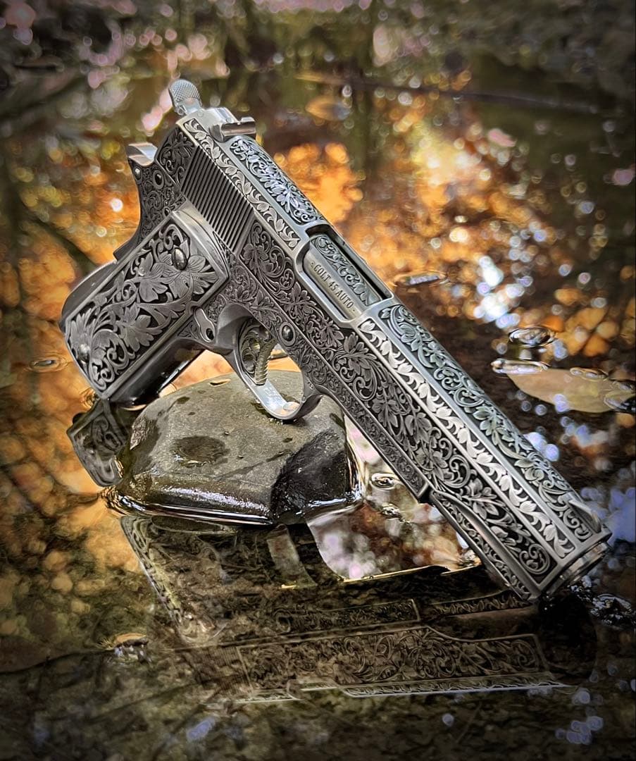 1911タイプ対応 グリップ周辺 装飾パーツ ステンレス製 巻草彫刻 工芸