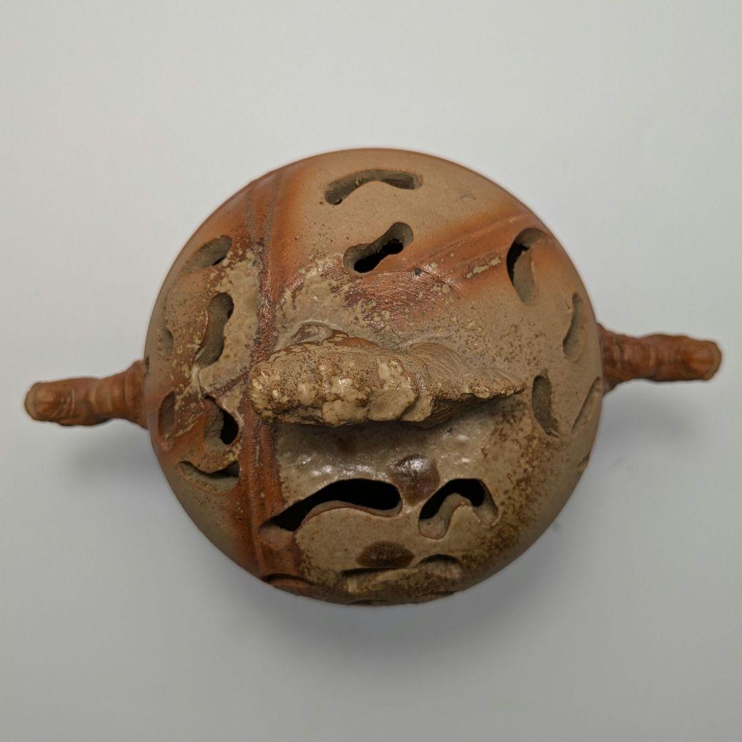 清麻呂窯 備前焼 龍摘緋襷双耳三足香炉 竜 獅子 香道具