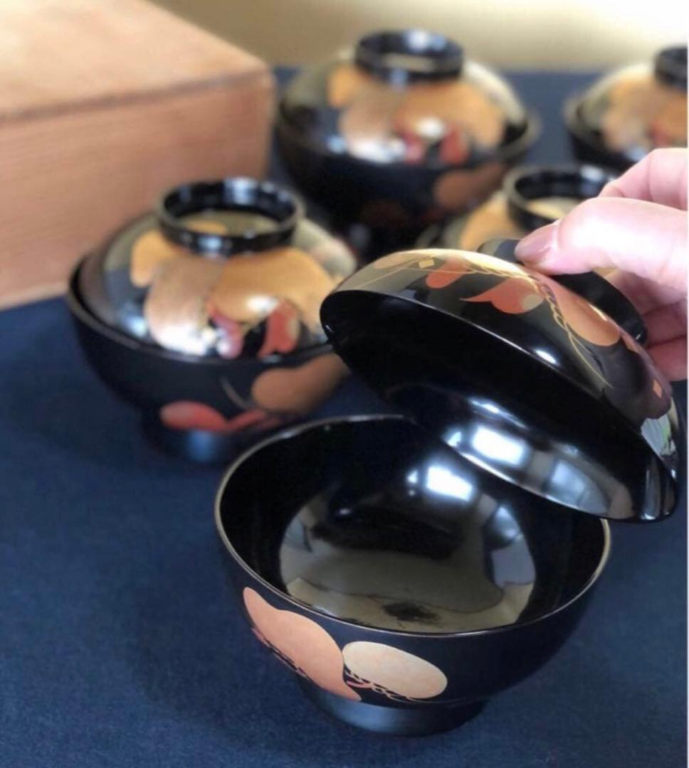 《レ》黒塗 蒔絵付 煮物椀5客 雑煮椀 木製漆器 木箱　251113え1