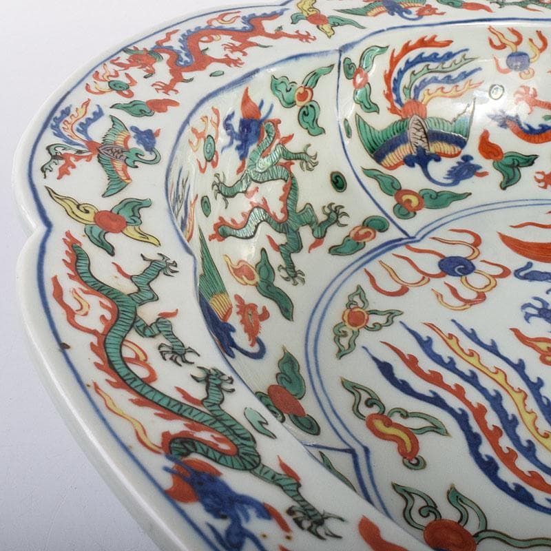 中国大明萬暦年製五彩龍鳳凰文輪花鉢大皿直径約40㎝VR7860C