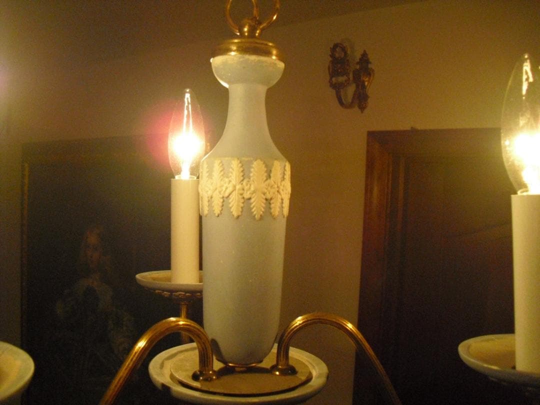 イギリスアンティーク 陶器 真鍮 3灯 シャンデリア